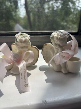 Pair of Porcelain Cherub Angel Figurines with Pink Ribbon